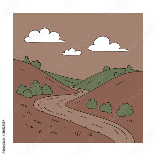 A winding road stretches through rolling hills under a serene sky, dotted with fluffy white clouds, creating a peaceful and idyllic landscape scene with natural beauty