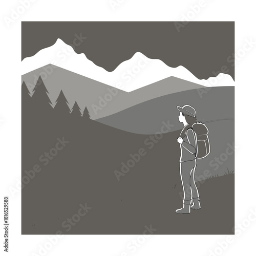 A lone hiker with a backpack stands on a hill, gazing at a majestic mountain range under a cloudy sky, evoking a sense of adventure, solitude, and appreciation for natures grandeur