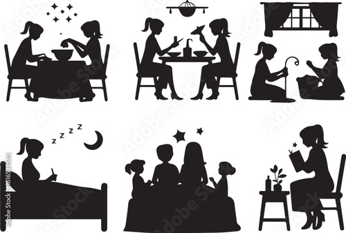 Silhouette of family, woman reading, eating, working and sleeping at home