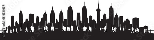 Black silhouette of a sprawling city skyline against a white background