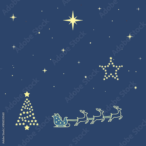 "Christmas Night Sky Background with Star of Bethlehem and Santa's Sleigh"