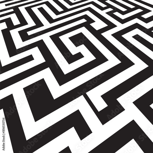 Black and White Maze Labyrinth with Perspective Effect Optical Illusion and Abstract Geometric Pattern Background for Strategy and Challenge