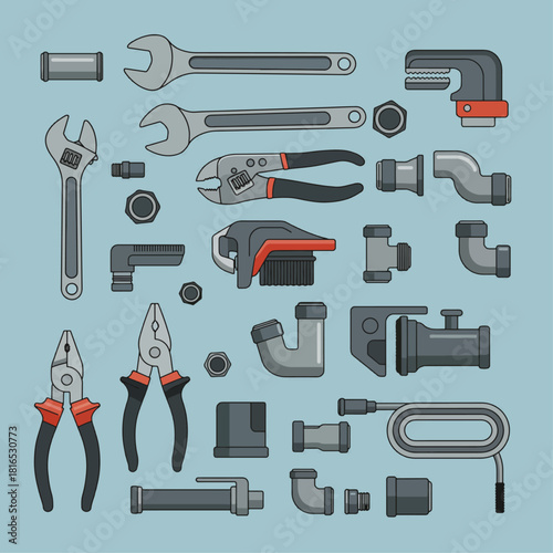 A comprehensive collection of plumbing tools and pipe fittings, including wrenches, pliers, pipe cutters, and various connectors and elbows, all rendered in a clean, illustrative style.