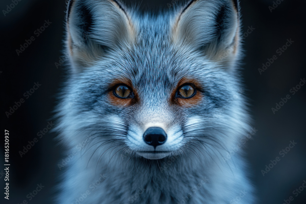 Naklejka premium A stunning close-up of a silver fox with distinct amber eyes. The focus is on the animal's face, highlighting the thick fur, fine whiskers, and soft, cool light.