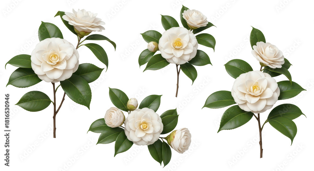 Fototapeta premium Elegant white camellias with lush green leaves for sophisticated designs perfect for wedding invitations and branding projects