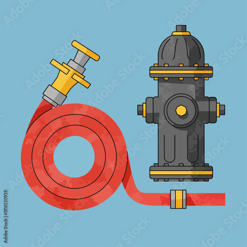 A red fire hose coiled next to a black fire hydrant with yellow accents on a blue background.