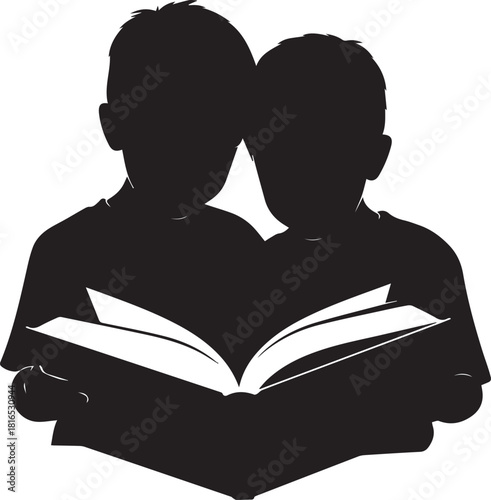 Two children silhouetted reading an open book together