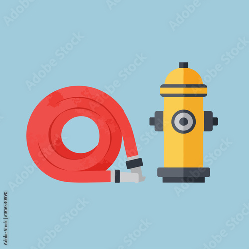 A flat design illustration of a coiled red fire hose next to a yellow fire hydrant on a light blue background.