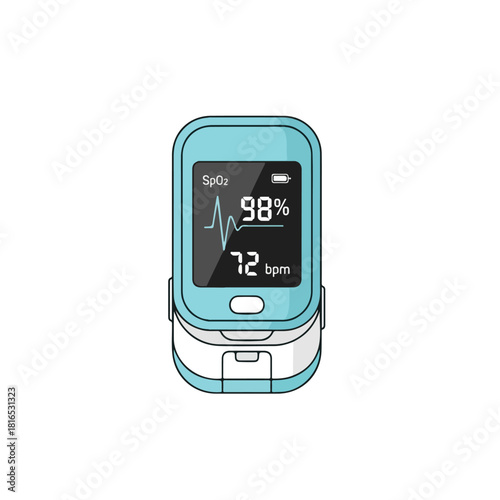 A digital pulse oximeter with a light blue and white design displays vital signs on its screen against a plain white background.