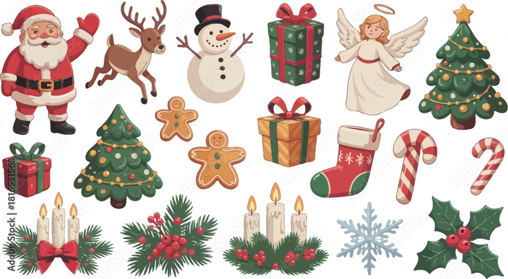 Obraz premium Christmas collection with santa, snowman, angel, gifts and decor