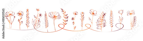 Floral botanical composition with organic plant shapes, blossoms and slender stems presented in a clean, modern line art style.