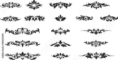 Elegant Black Decorative Design Elements Set Ornate Floral Flourishes, Swirls, and Vintage Vector Border Accents