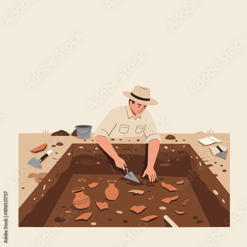 An archaeologist carefully excavates pottery shards and ancient artifacts from a dig site.