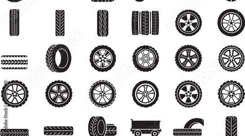 Collection of black and white vector illustrations featuring various automobile wheels and rubber tires, perfect for automotive and transport design