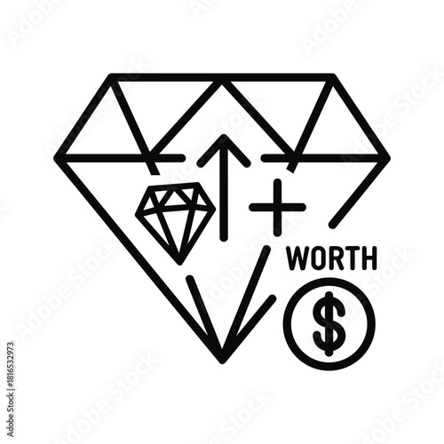 Line art icon representing diamond value increase with upward arrow and dollar sign symbol
