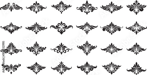 Large collection of vintage ornamental design elements. Ornate floral scrolls, classic flourishes, and decorative vignettes for creating elegant borders and dividers