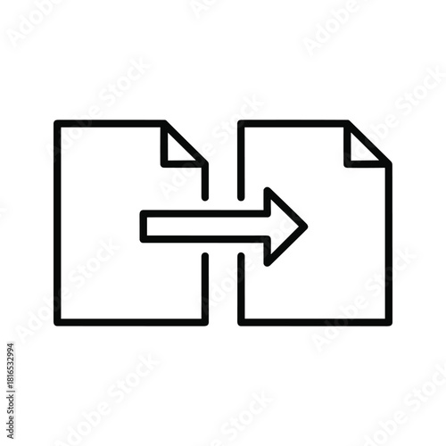 Simple black and white line icon representing document transfer or file conversion process with an arrow between two pages isolated on
