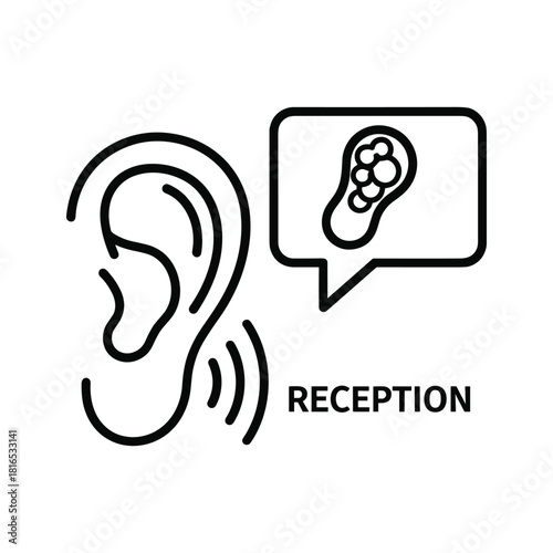 Black and white line icon representing hearing reception, showing an ear and a speech bubble with an inner ear diagram isolated on
