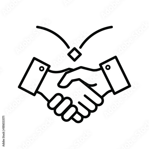 Black and white line art icon representing a business handshake agreement or partnership deal isolated on