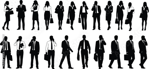 Business men and women silhouettes, walking and standing corporate figures with phones and briefcases, vector illustration isolated set.