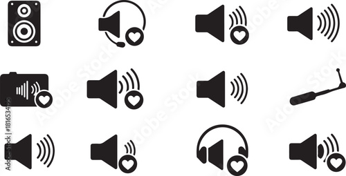Collection of versatile audio icons, featuring speakers, headphones, and volume controls with heart accents, perfect for sound-related user interface designs