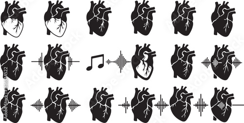 Dynamic visual sequence depicting the human heart's intrinsic rhythm and its profound connection to music, showcased through stylized anatomical illustrations with integrated sound waves