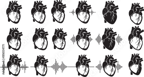 Dynamic Visual Representation of Human Hearts with Rhythmic Sound Waves, Symbolizing Cardiac Health Monitoring and Biological Activity Patterns