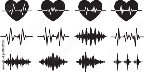 Heartbeat waveforms and sound wave illustrations in various forms, representing health, medicine, and sound