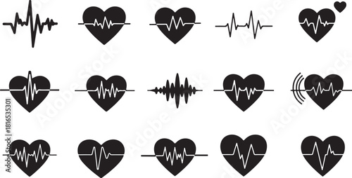 Assorted Heartbeat Graphic Icons Vector Collection Cardiology, Health, and Wellness