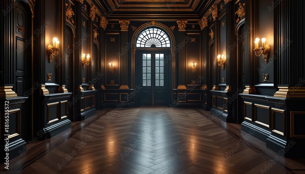 Obraz premium Ornate black, gold interior hall with arched window doors, ornate wall sconces, polished wood parquet floor reflecting warm light. Elegant, luxurious, empty room with classical architectural details