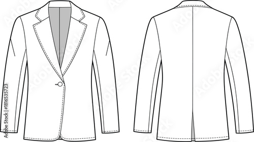 Vector technical fashion illustration of tailored women’s blazer jacket front and back views showcasing classic lapel, single button closure, and structured silhouette