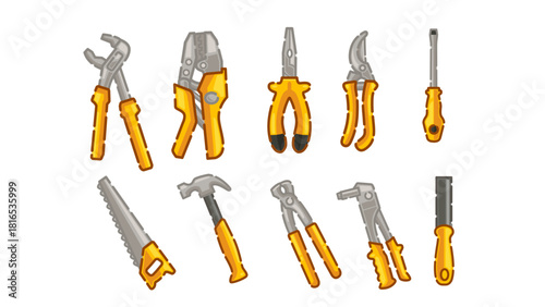 A set of essential hand tools including pliers, cutters, screwdrivers, a saw, a hammer, and a chisel, all with yellow handles, ideal for construction and repair projects