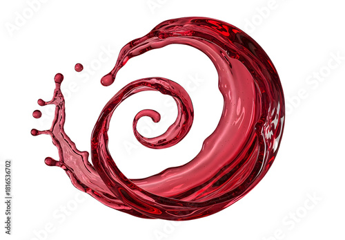 Dynamic red wine splash swirling into a spiral on black background