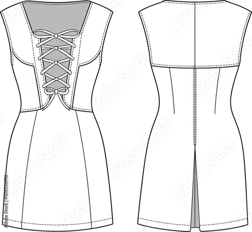 Elegant sleeveless dress fashion flat sketch featuring detailed lace-up bodice, fitted silhouette, technical garment lines, and professional vector illustration design