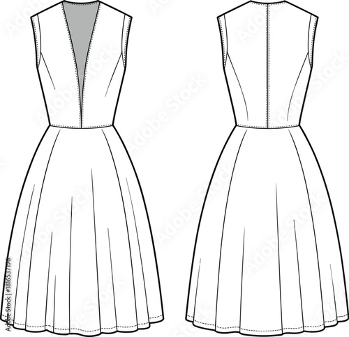 Elegant sleeveless women’s midi dress technical flat sketch featuring deep V-neck front, fitted bodice, flared skirt design, and clean back detailing