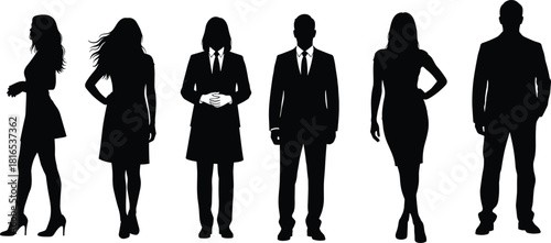 Collection of standing business and fashion silhouettes, men and women in suits and dresses posing, isolated vector set
