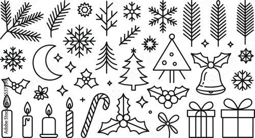 Christmas and winter outline icons set for holiday celebration