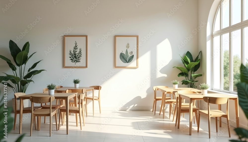 Fototapeta premium Minimalist coffee shop interior with wooden tables, chairs. Tall green plants add natural decor. Soft natural light streams through large arched window. Clean space with simple framed botanical art