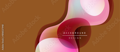 Abstract shapes overlap, creating vibrant color gradients. Brown background complements pinks, reds, blues. Text reads background design. Modern aesthetic.
