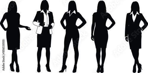 Set of confident business women silhouettes standing in suits and dresses, professional female poses vector illustration isolated on white.