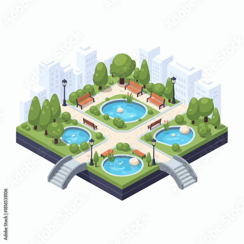 Vibrant isometric park with tranquil ponds, benches, and lush trees, creating a serene urban oasis
