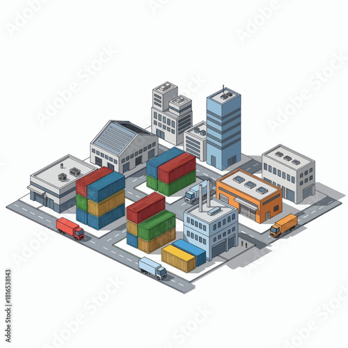 Isometric view of a city with various industrial buildings, shipping containers, and delivery trucks on a grid layout