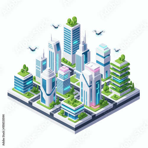 Futuristic city skyline with modern skyscrapers and green spaces, showcasing advanced urban development and technology