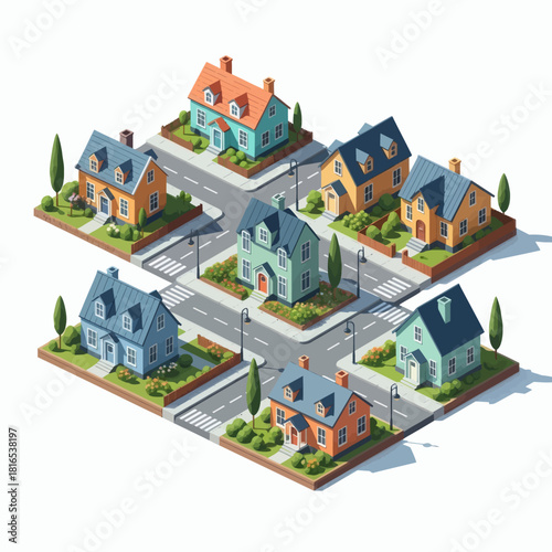 Vibrant isometric neighborhood illustration with diverse residential houses and interconnected streets, depicting a modern suburban community layout
