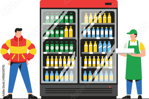 Customer buying cold beverages from a large commercial refrigerator in a retail store, symbolizing grocery shopping, convenience store service, and product selection