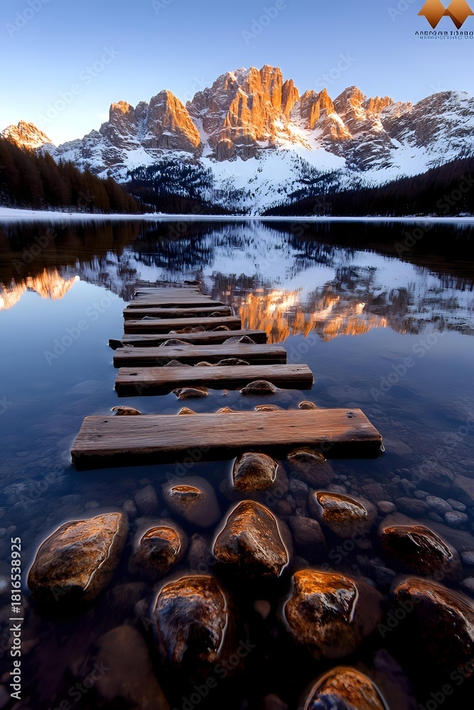 Fototapeta premium Wooden jetty on alpine lake with snow-capped mountains glowing orange at sunset, perfect mirror reflection in calm water.