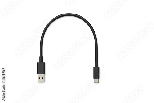Black USB A to USB C cable for data transfer and charging, top view. Isolated on transparent background, png