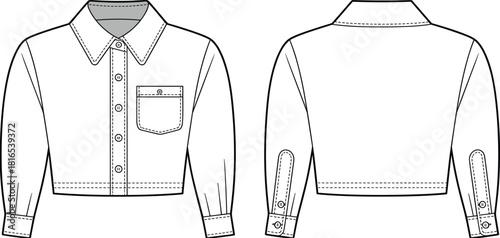 Cropped long-sleeve button-up shirt fashion flat sketch with classic collar, front pocket detailing, structured cuffs, and clean technical vector illustration design