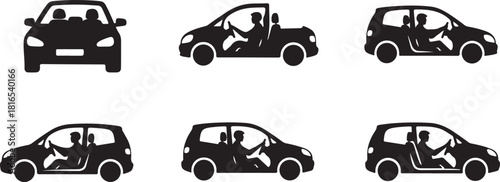 Black car silhouettes with driver and passenger set showing different angles and models vector illustration