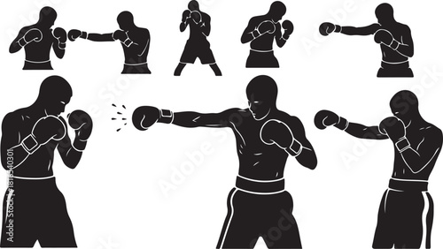 Collection of black silhouettes vector of male boxers in various fighting poses punching and defending with boxing gloves